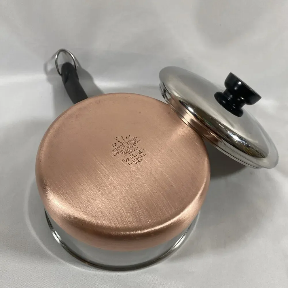 1801 Revere Ware 1 1/2 Qt Copper Bottom Pot Lid Clinton 98 f Stainless *Crack*
